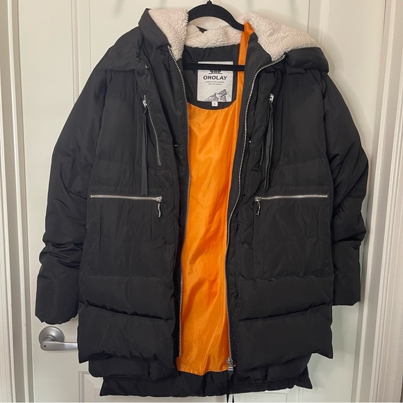 OROLAY Viral Women's Black 6 Pocket Puffer Coat with Orange Lining Size Large - Picture 5 of 7